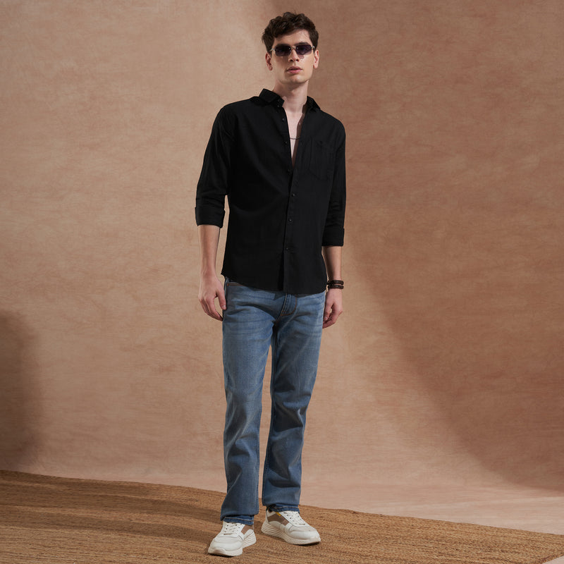 Men Black Solid Spread Collar Slim Fit Casual Shirt 4