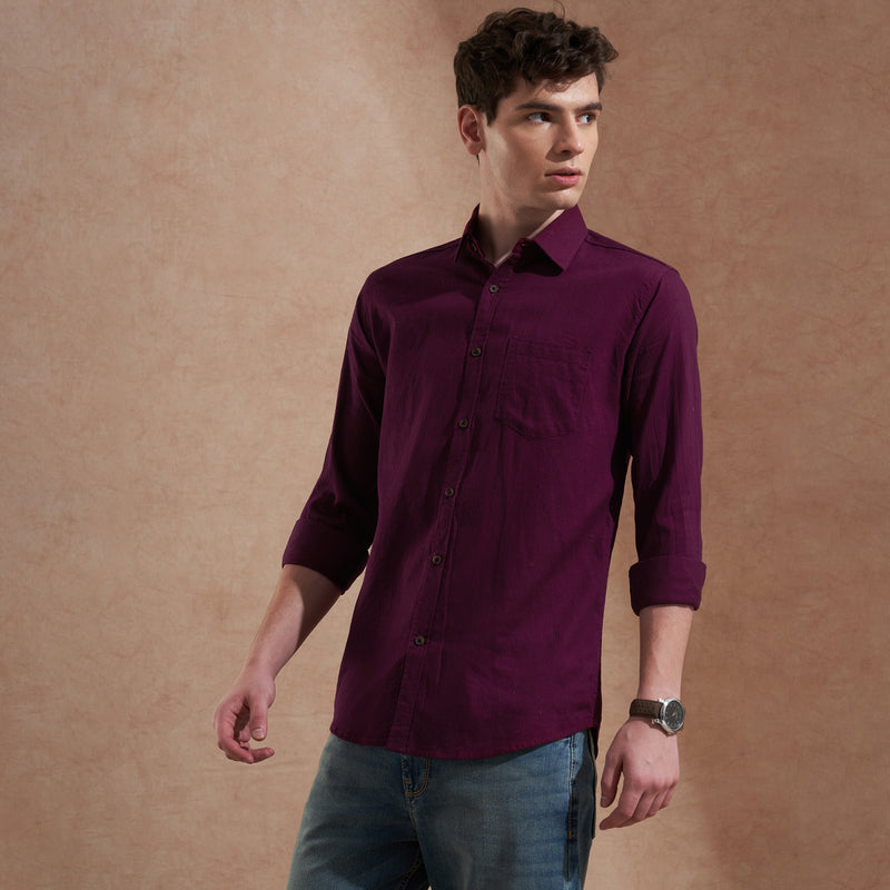 Men Dark Purple Solid Spread Collar Slim Fit Casual Shirt 5