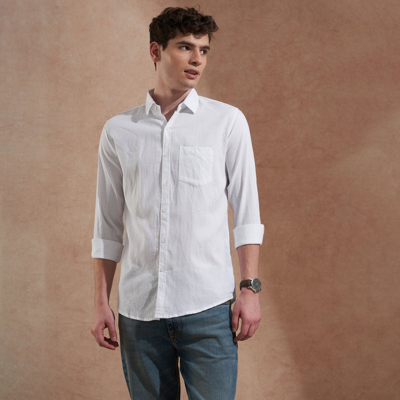 Men's White Solid Spread Collar Slim Fit Casual Shirt 3