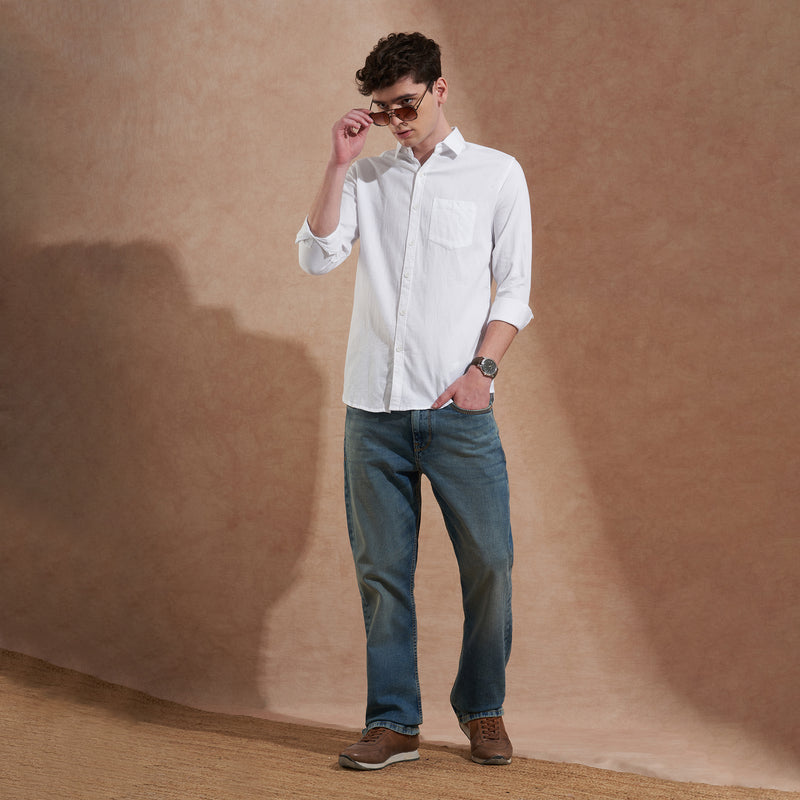 Men's White Solid Spread Collar Slim Fit Casual Shirt 1