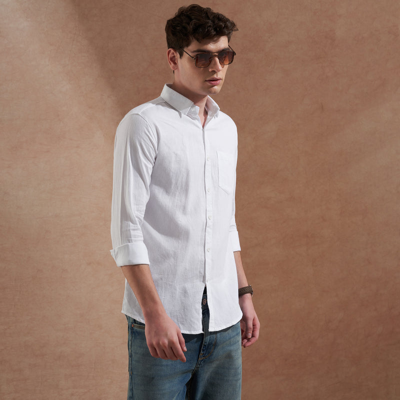 Men's White Solid Spread Collar Slim Fit Casual Shirt 4