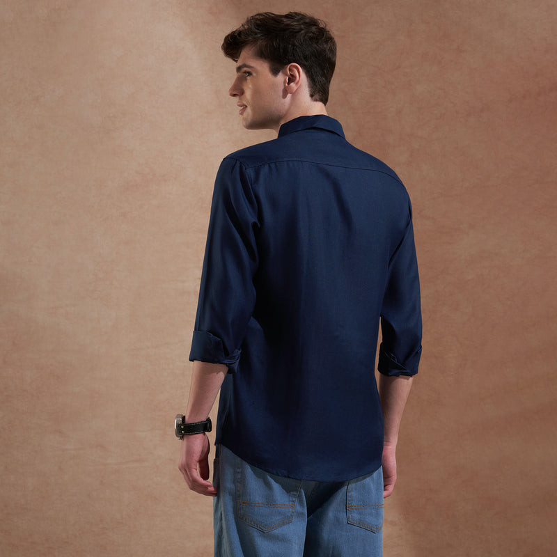 Men Navy Blue Solid Spread Collar Slim Fit Casual Shirt with Dual Flap Pockets 6
