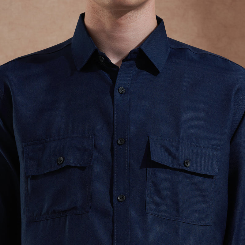 Men Navy Blue Solid Spread Collar Slim Fit Casual Shirt with Dual Flap Pockets 3