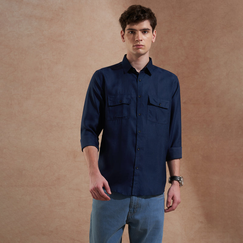 Men Navy Blue Solid Spread Collar Slim Fit Casual Shirt with Dual Flap Pockets 2