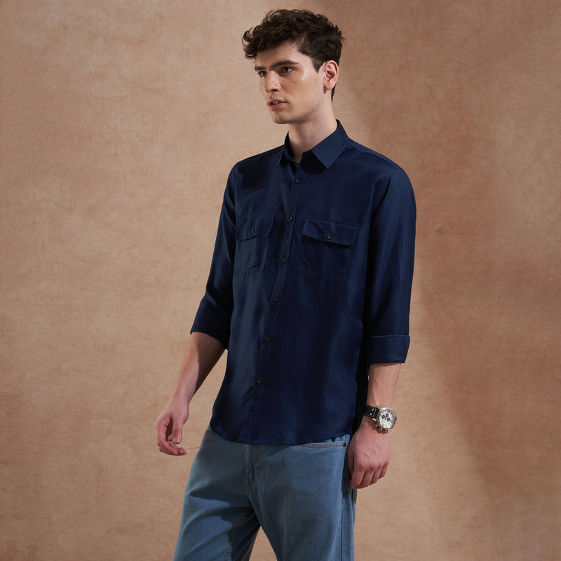 Men Navy Blue Solid Spread Collar Slim Fit Casual Shirt with Dual Flap Pockets 5
