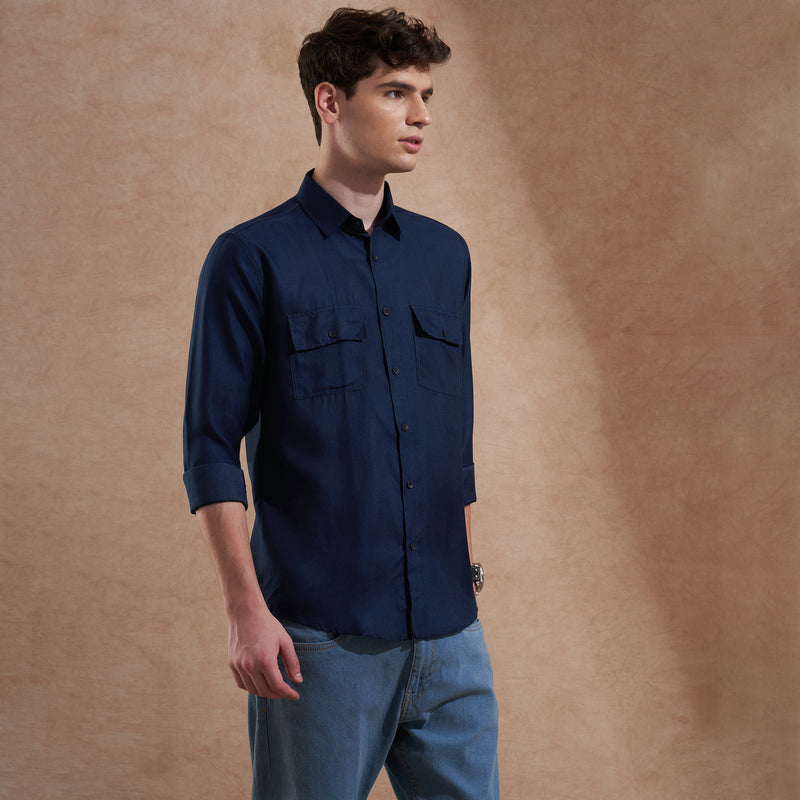Men Navy Blue Solid Spread Collar Slim Fit Casual Shirt with Dual Flap Pockets 7