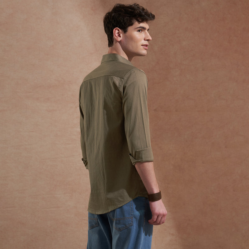 Men Olive Brown Solid Spread Collar Slim Fit Casual Shirt 3