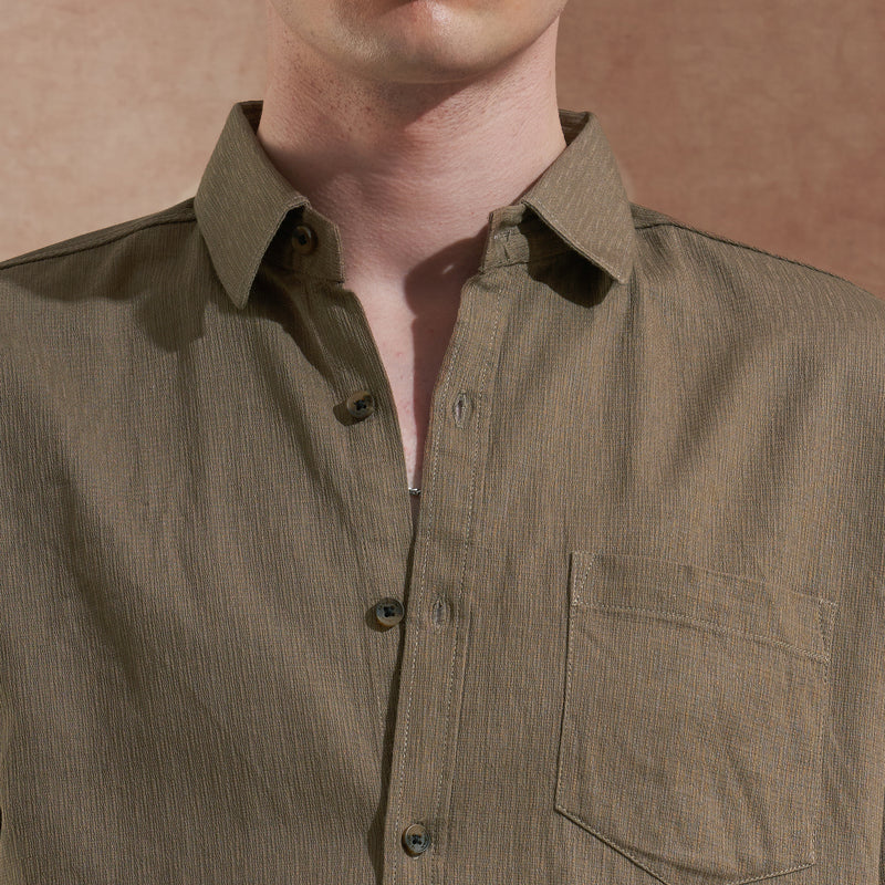 Men Olive Brown Solid Spread Collar Slim Fit Casual Shirt 5