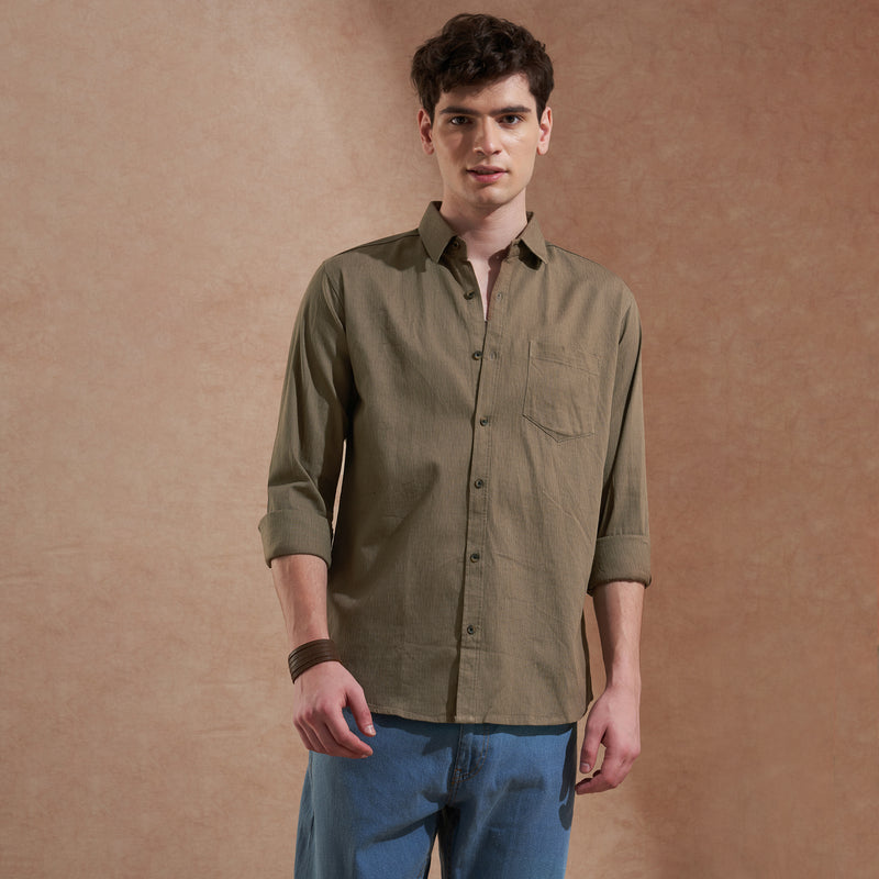 Men Olive Brown Solid Spread Collar Slim Fit Casual Shirt 7