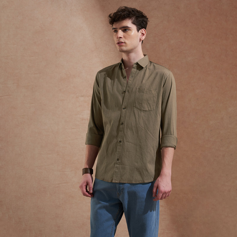Men Olive Brown Solid Spread Collar Slim Fit Casual Shirt 4