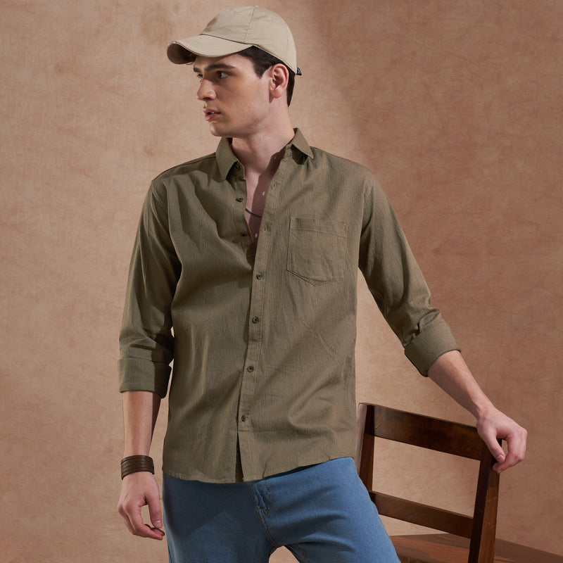 Men Olive Brown Solid Spread Collar Slim Fit Casual Shirt 6
