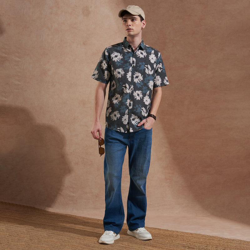 Men Charcoal Grey Floral Printed Slim Fit Casual Shirt Short Sleeve 4