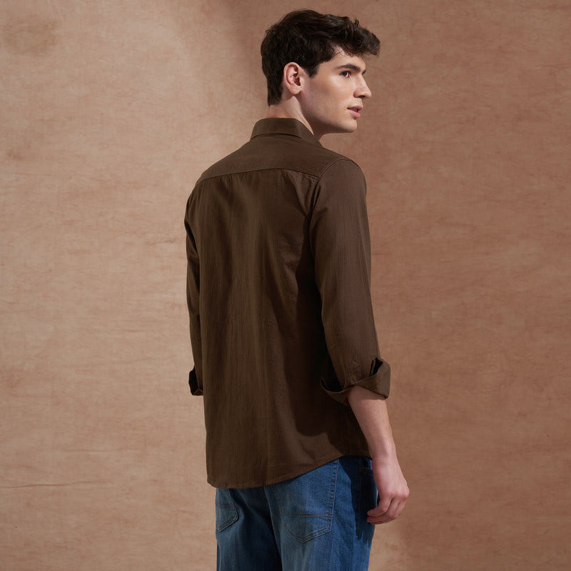 Men Dark Brown Solid Spread Collar Slim Fit Casual Shirt 5
