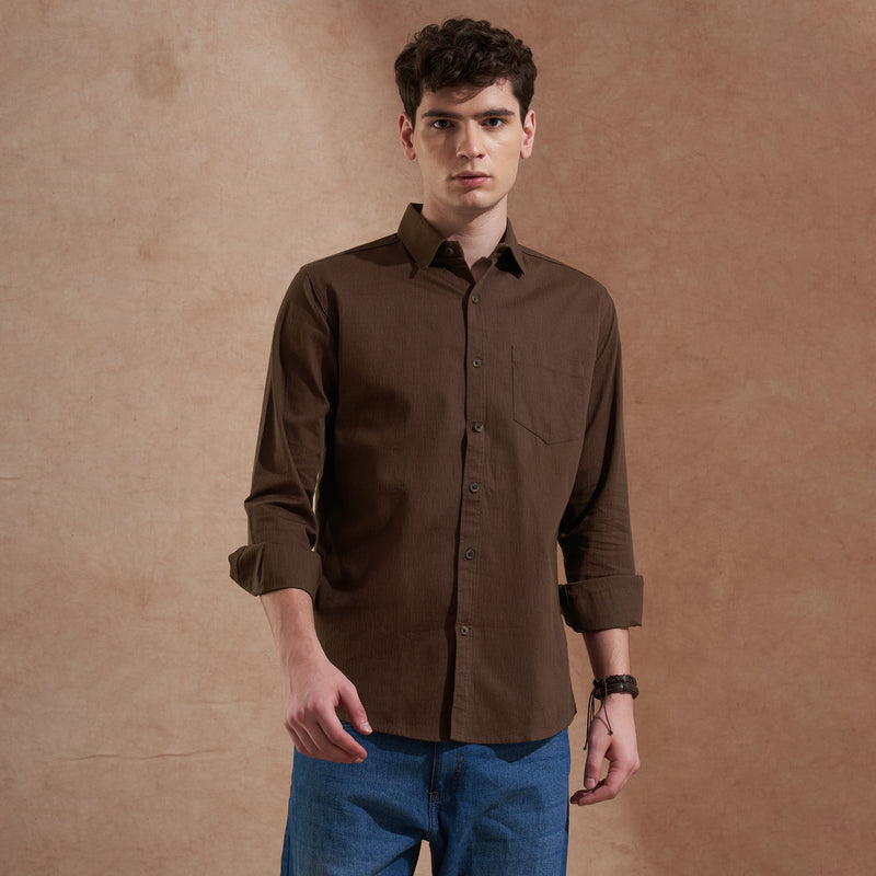 Men Dark Brown Solid Spread Collar Slim Fit Casual Shirt 3