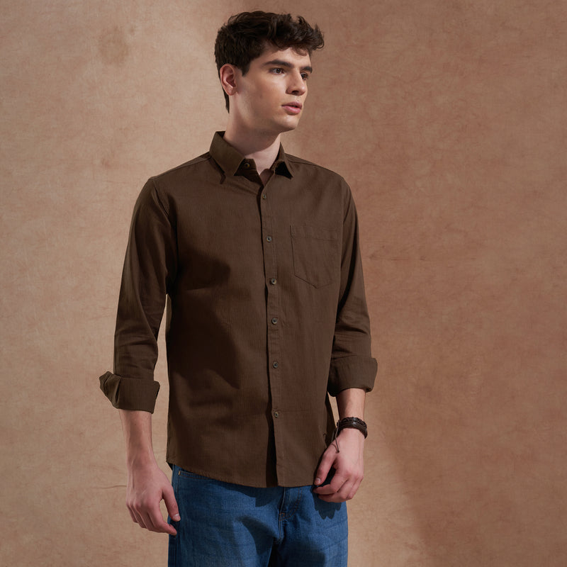 Men Dark Brown Solid Spread Collar Slim Fit Casual Shirt 7
