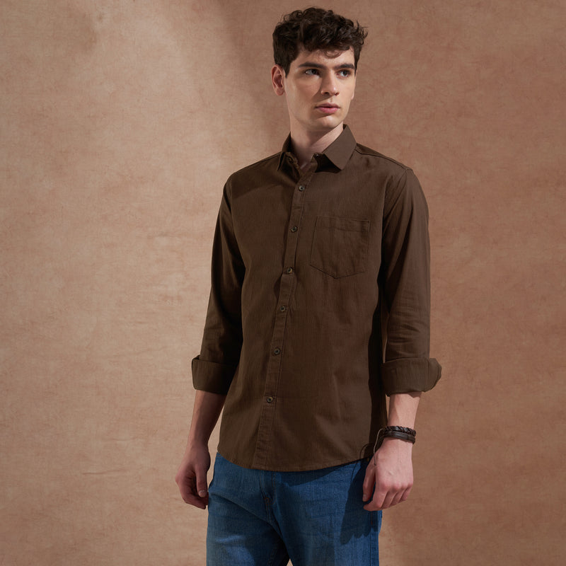 Men Dark Brown Solid Spread Collar Slim Fit Casual Shirt 1