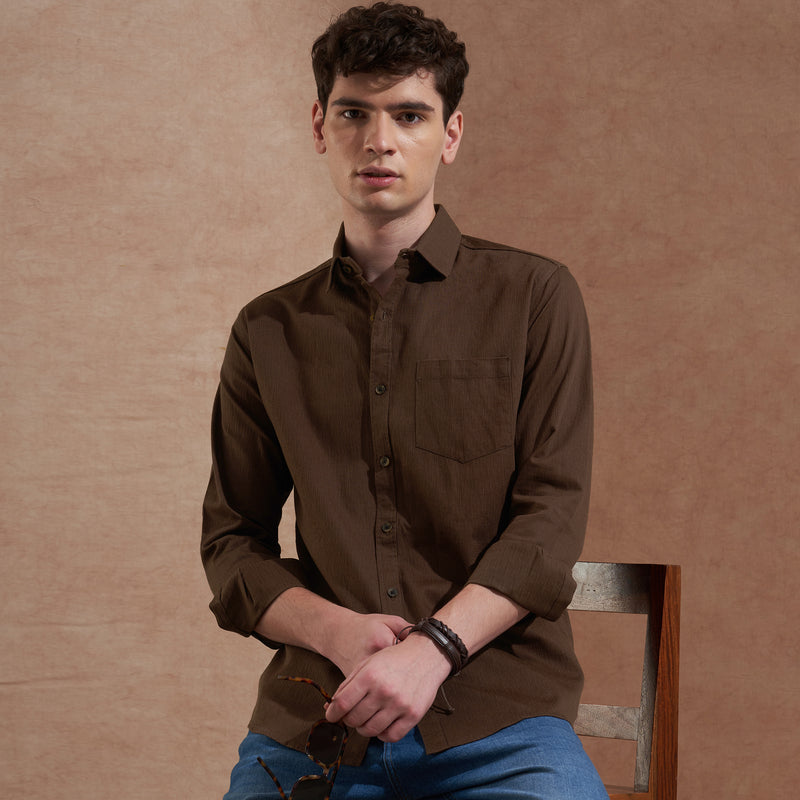 Men Dark Brown Solid Spread Collar Slim Fit Casual Shirt 4