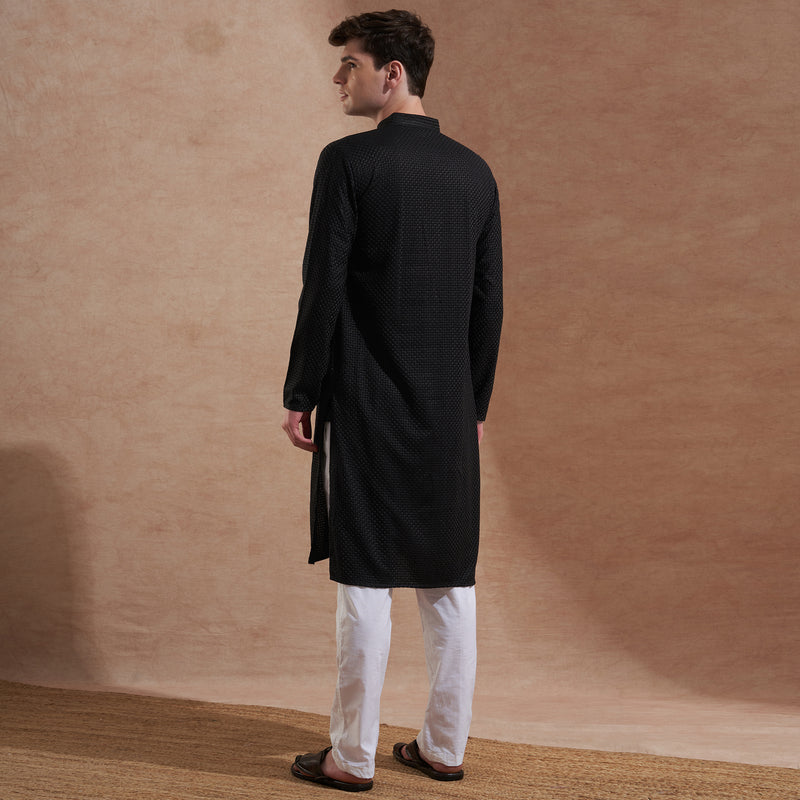 Men’s Black Textured Embroidered Kurta 5