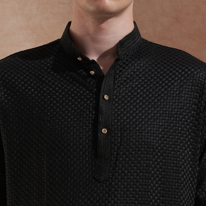 Men’s Black Textured Embroidered Kurta 3