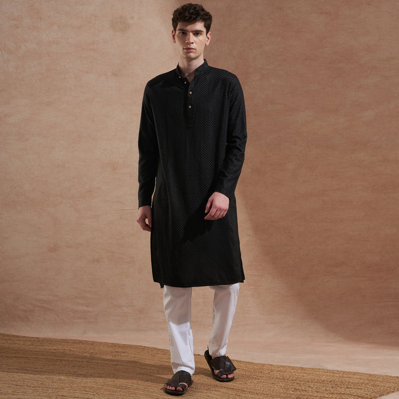 Men’s Black Textured Embroidered Kurta 4
