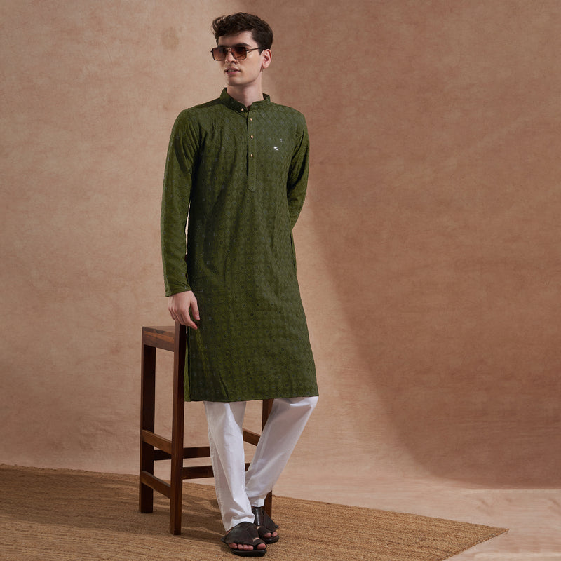 Men’s Olive Green Tonal Embroidered Kurta 1
