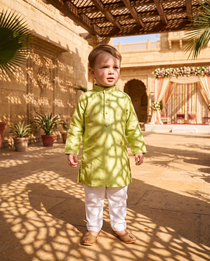 Boys Lime Green Gold Motif Embroidered Kurta – 2–3 Years 10