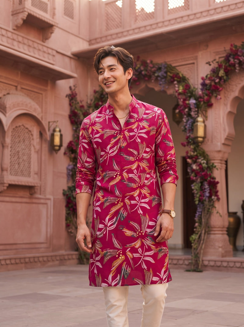Men's Fuchsia Botanical Print Viscose Rayon Blend Kurta 2