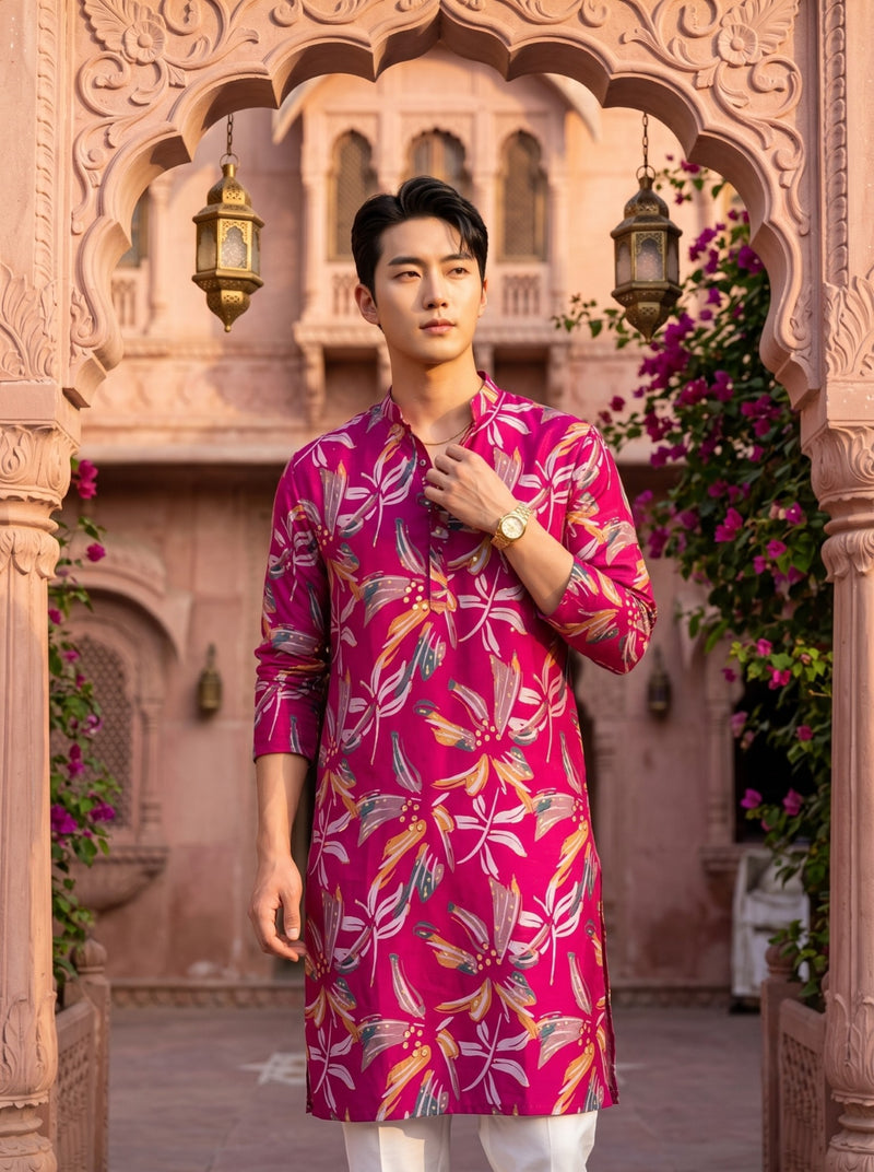 Men's Fuchsia Botanical Print Viscose Rayon Blend Kurta 5