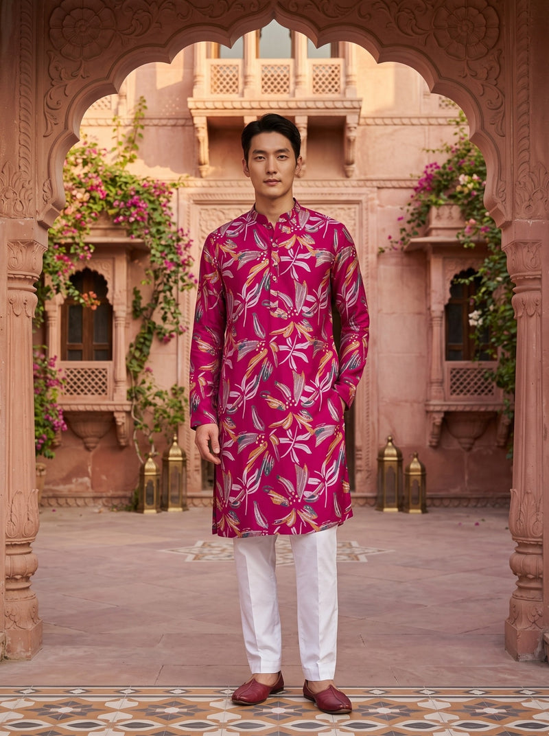 Men's Fuchsia Botanical Print Viscose Rayon Blend Kurta 1
