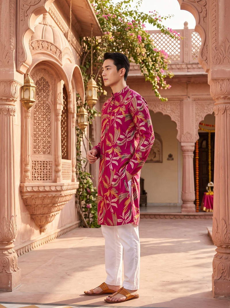 Men's Fuchsia Botanical Print Viscose Rayon Blend Kurta 6