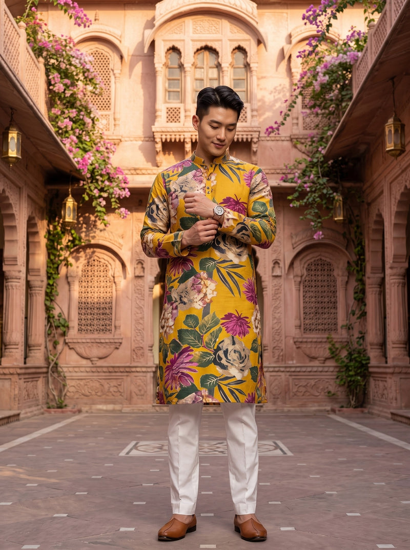 Men's Mustard Yellow Multicolour Floral Print Viscose Rayon Blend Kurta 10