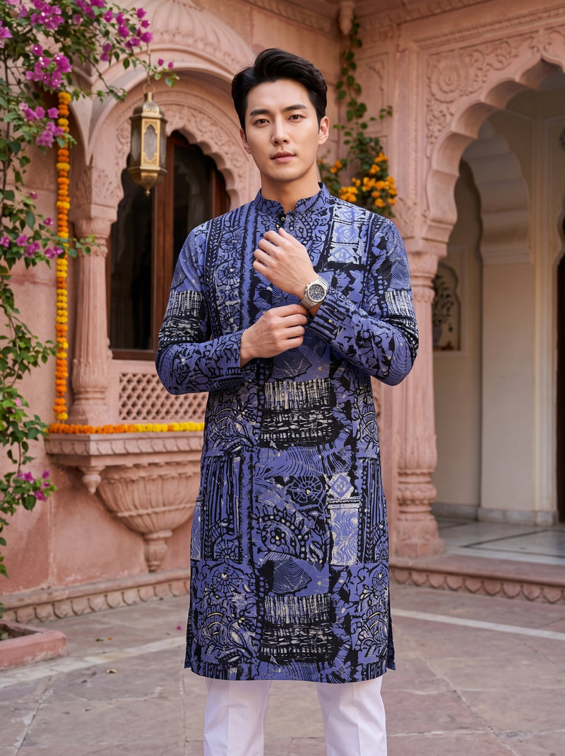 Men's Slate Grey Multicolour Botanical Print Viscose Rayon Blend Kurta 11
