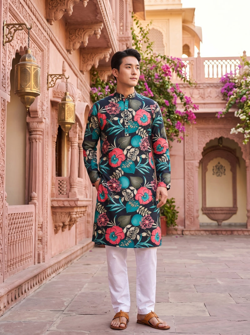 Men's Black Tropical Floral Printed Viscose Rayon Kurta 1