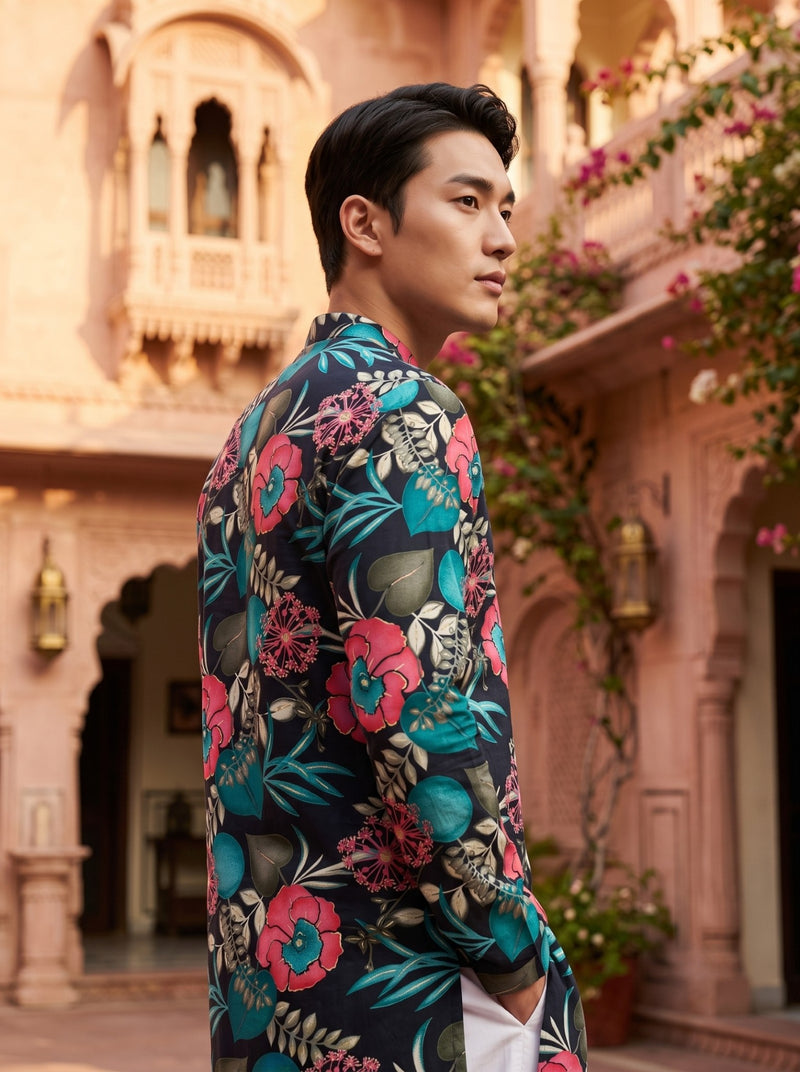 Men's Black Tropical Floral Printed Viscose Rayon Kurta 7