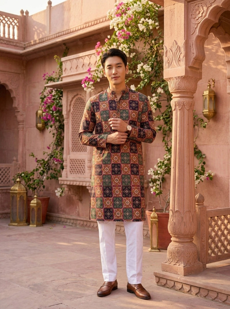 Men's Multicolour Geometric Printed Viscose Rayon Kurta 1