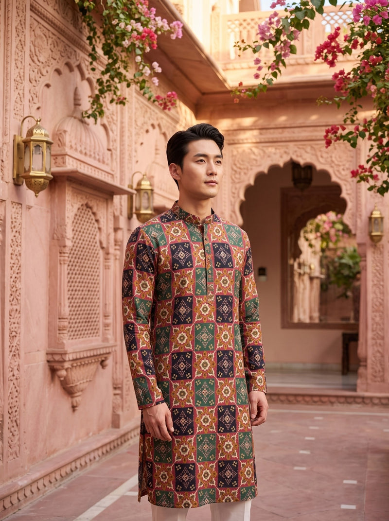 Men's Multicolour Geometric Printed Viscose Rayon Kurta 8