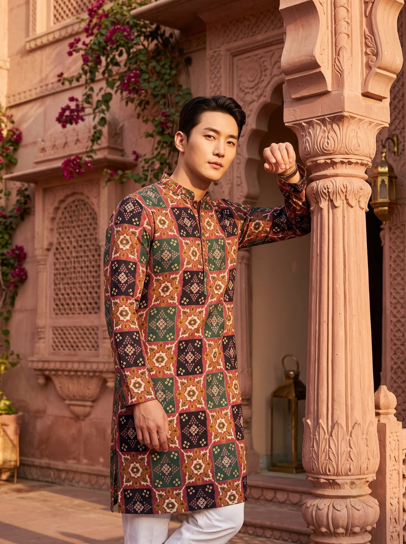 Men's Multicolour Geometric Printed Viscose Rayon Kurta 4