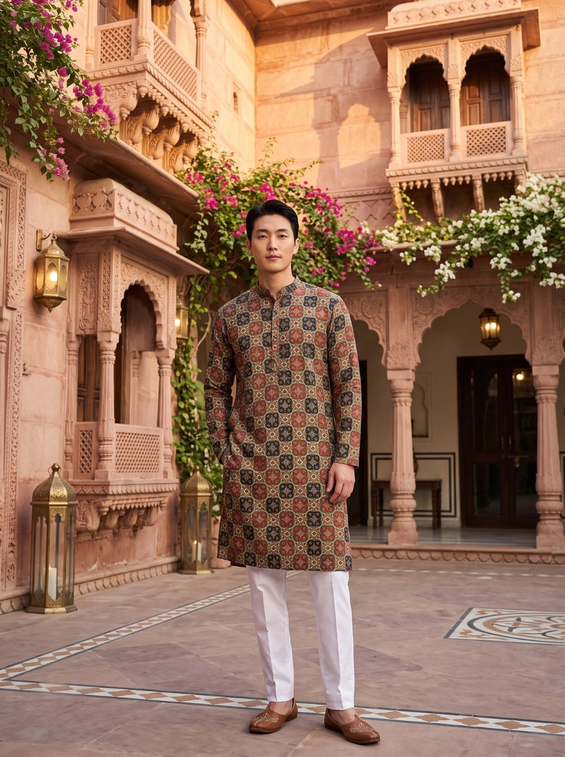 Men's Multicolour Tile Printed Viscose Rayon Kurta 1