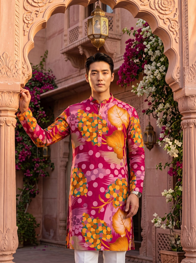 Men's Pink Abstract Botanical Printed Viscose Rayon Kurta 6