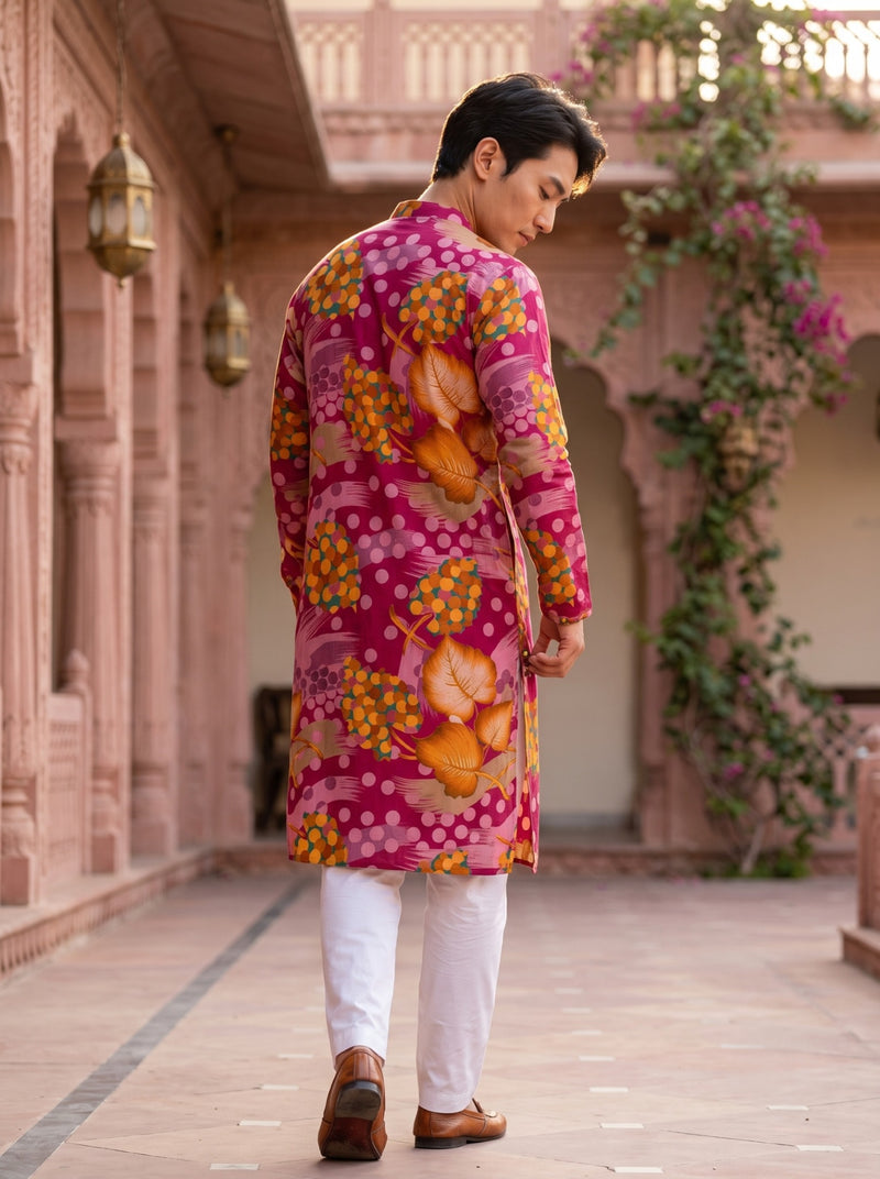 Men's Pink Abstract Botanical Printed Viscose Rayon Kurta 5