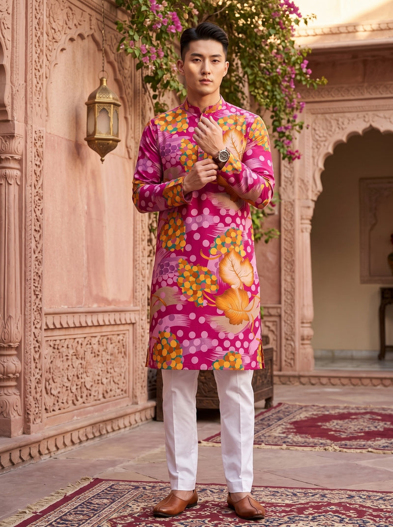 Men's Pink Abstract Botanical Printed Viscose Rayon Kurta 10
