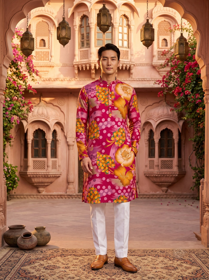 Men's Pink Abstract Botanical Printed Viscose Rayon Kurta 1