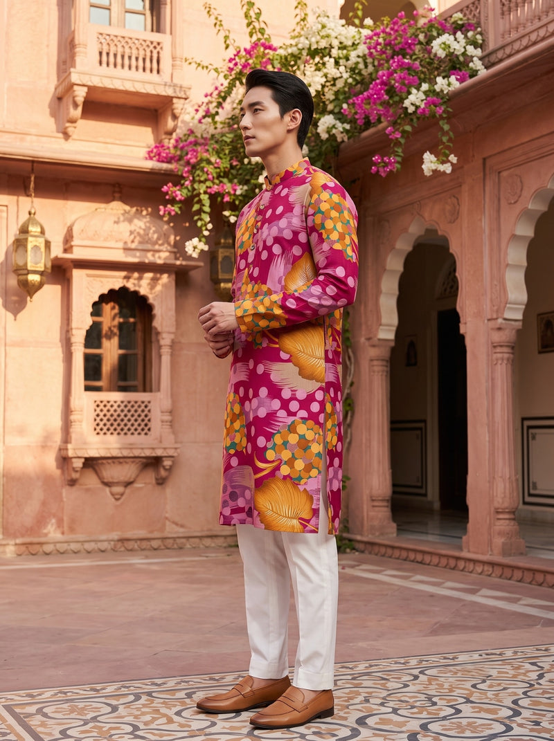 Men's Pink Abstract Botanical Printed Viscose Rayon Kurta 7
