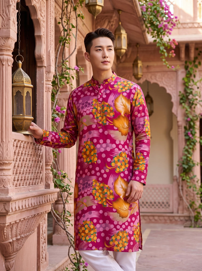 Men's Pink Abstract Botanical Printed Viscose Rayon Kurta 8