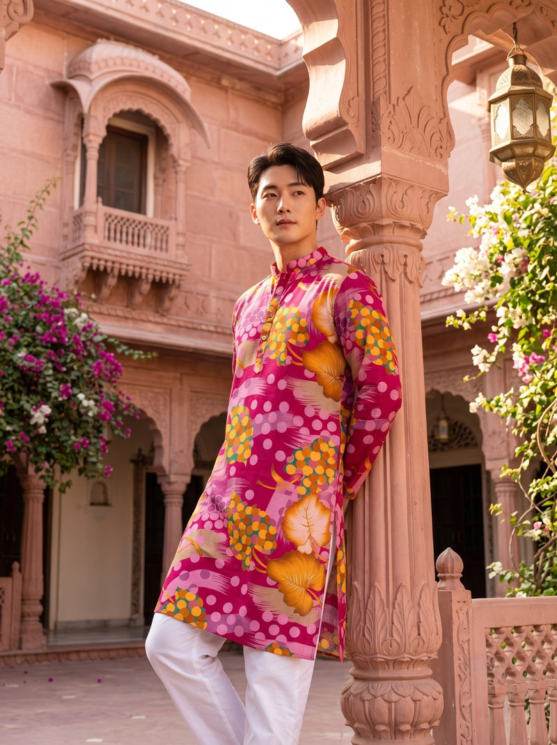 Men's Pink Abstract Botanical Printed Viscose Rayon Kurta 4