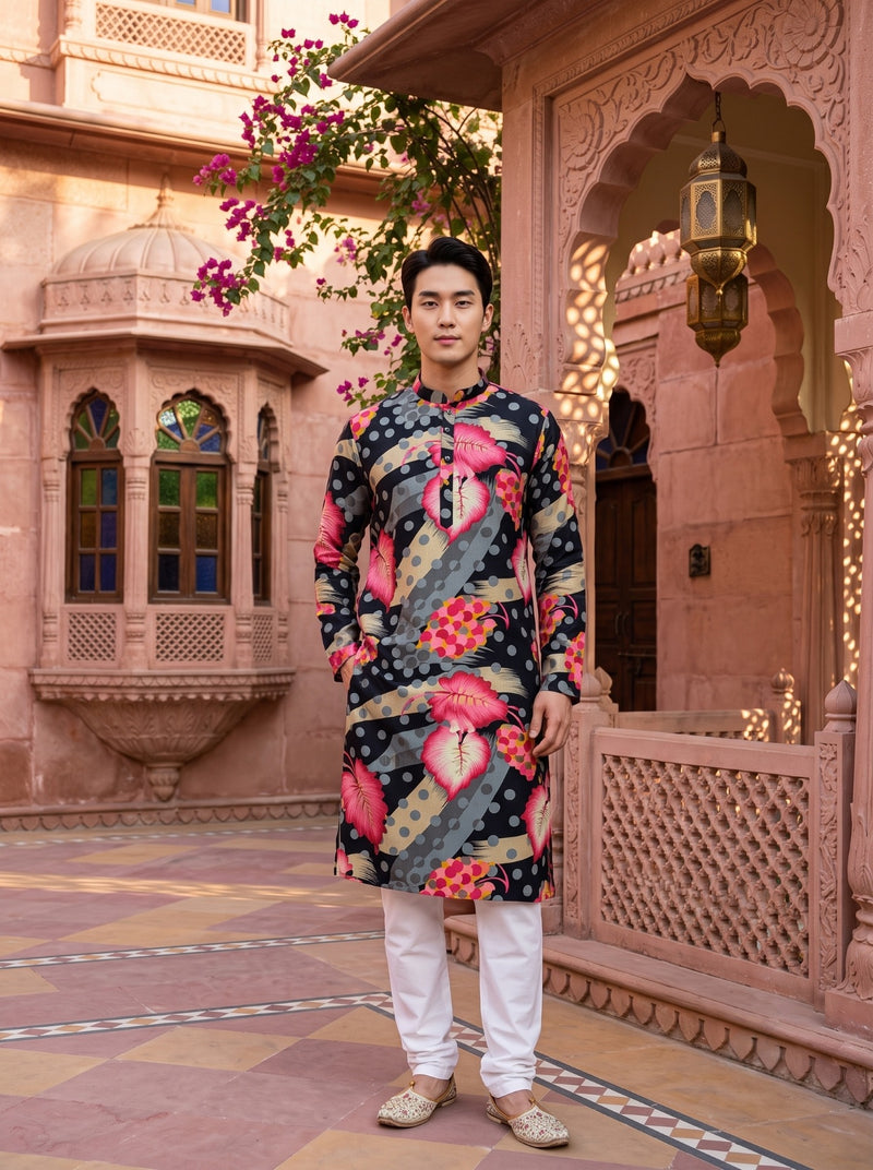 Men's Black Abstract Leaf Printed Viscose Rayon Kurta 1