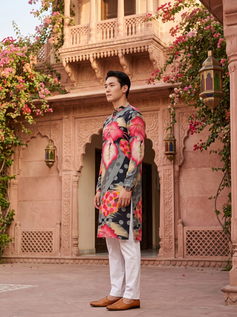 Men's Black Abstract Leaf Printed Viscose Rayon Kurta 7