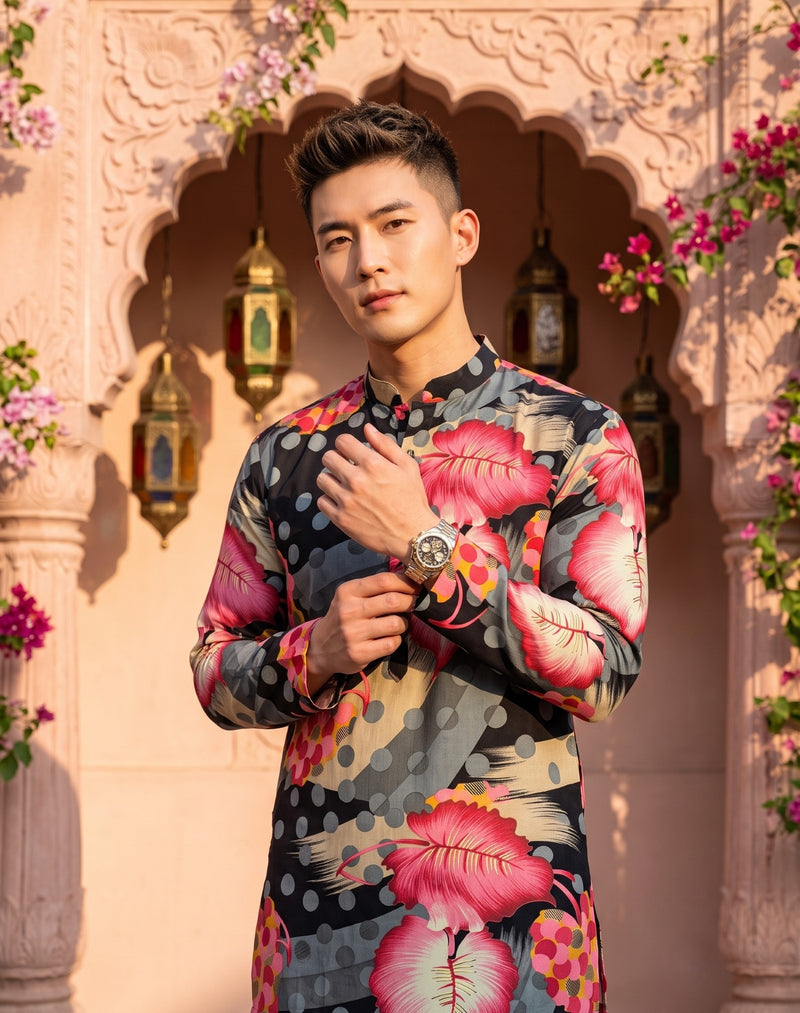 Men's Black Abstract Leaf Printed Viscose Rayon Kurta 11