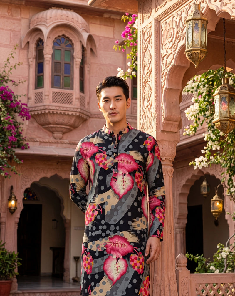Men's Black Abstract Leaf Printed Viscose Rayon Kurta 8