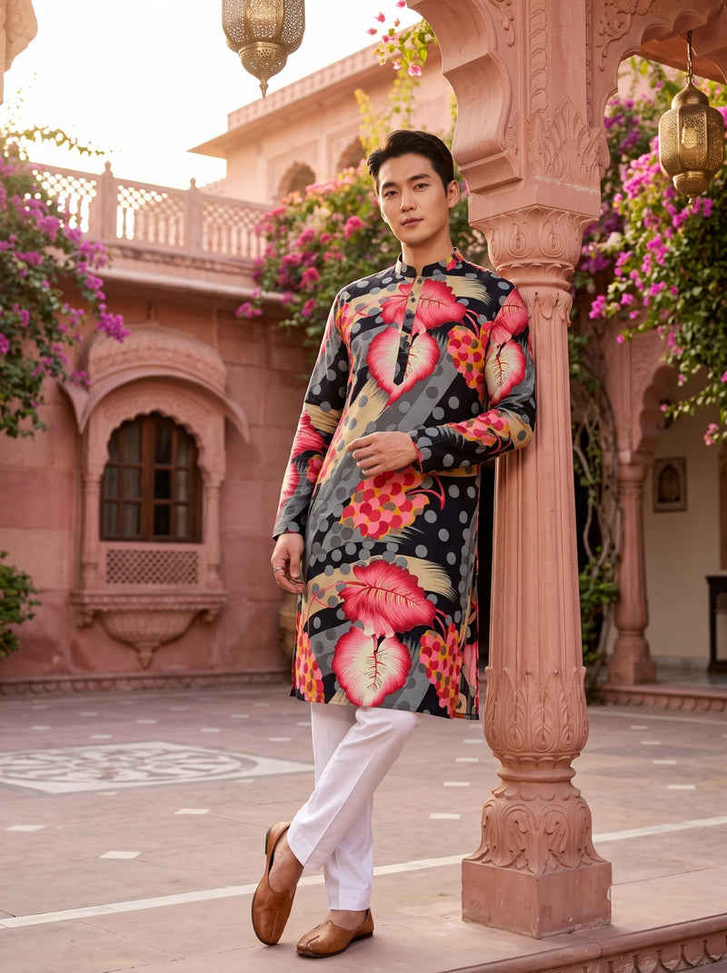 Men's Black Abstract Leaf Printed Viscose Rayon Kurta 4